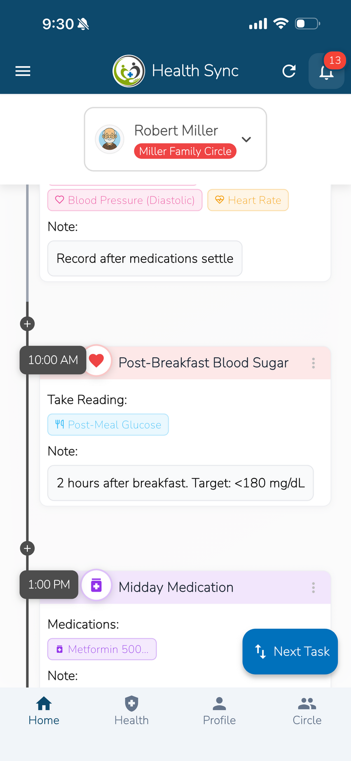 OneCareSync family health dashboard showing care tasks and health timeline