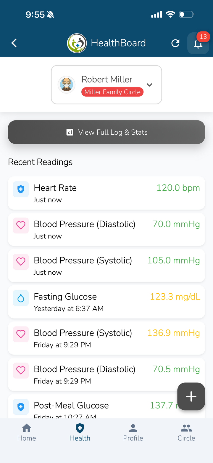 Health board displaying recent vitals and health readings for family member
