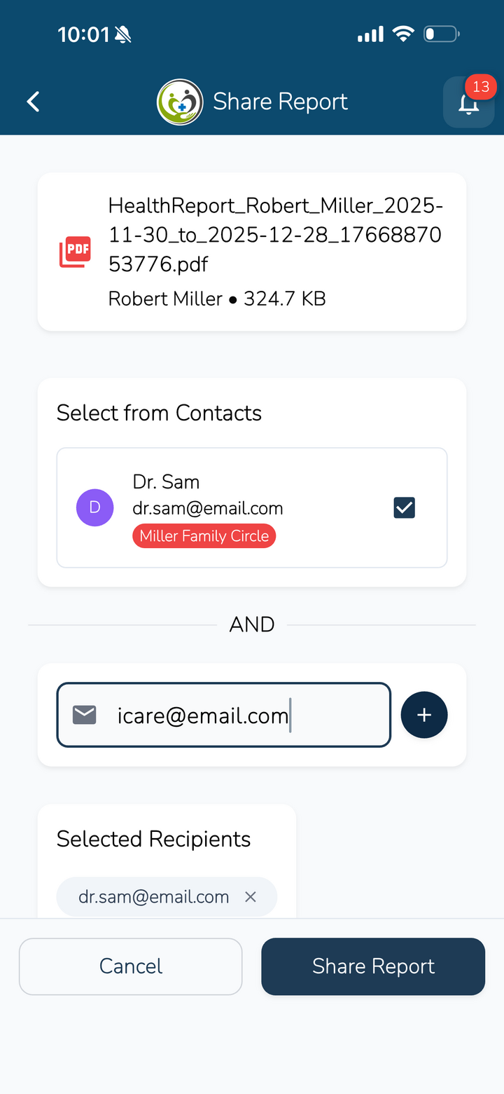Share health report with healthcare contacts and family members
